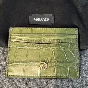 Versace La Medusa Crocodile Embossed Calf Leather Card Holder-Olive Green - NWOT